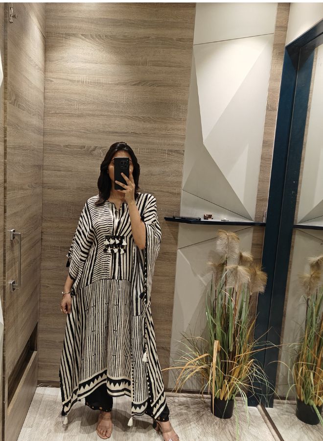 Black & White Striped Kaftan Co-ord Set with Tassel Detail