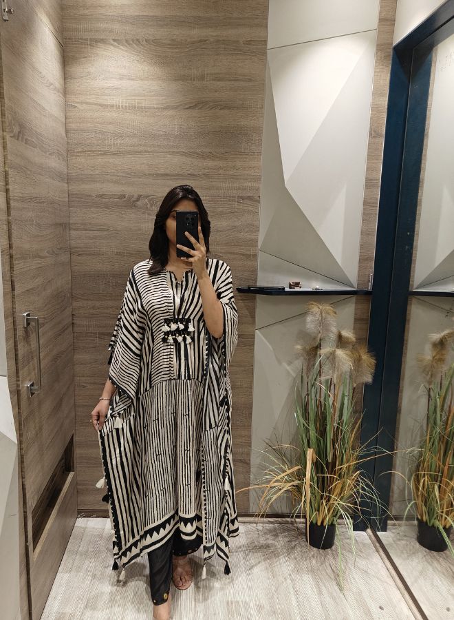 Black & White Striped Kaftan Co-ord Set with Tassel Detail