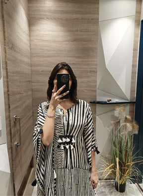 Black & White Striped Kaftan Co-ord Set with Tassel Detail