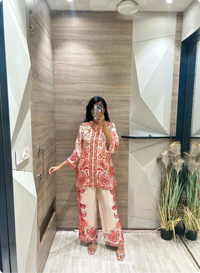 Elegant Printed Kurta Set in Cream & Coral