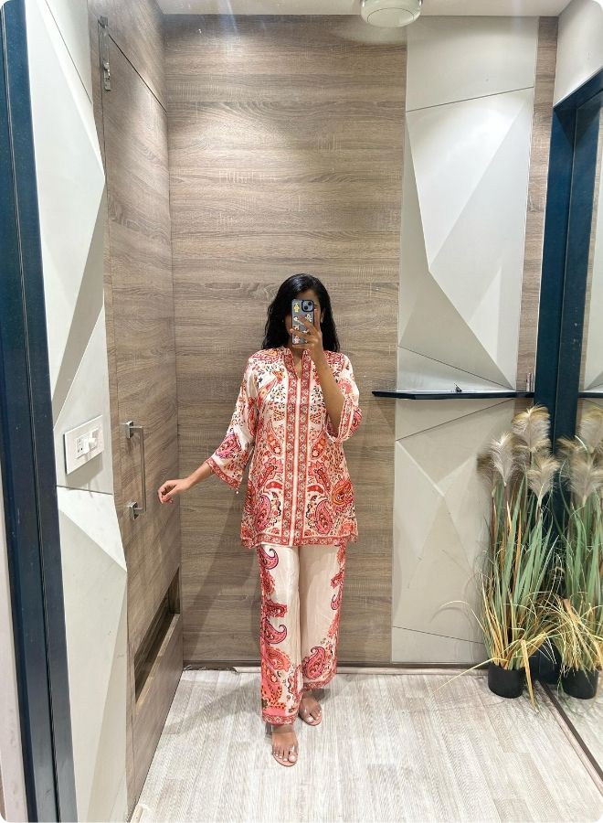 Elegant Printed Kurta Set in Cream & Coral