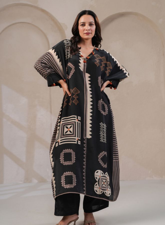 Black Geometric Print Kaftan Co-ord Set