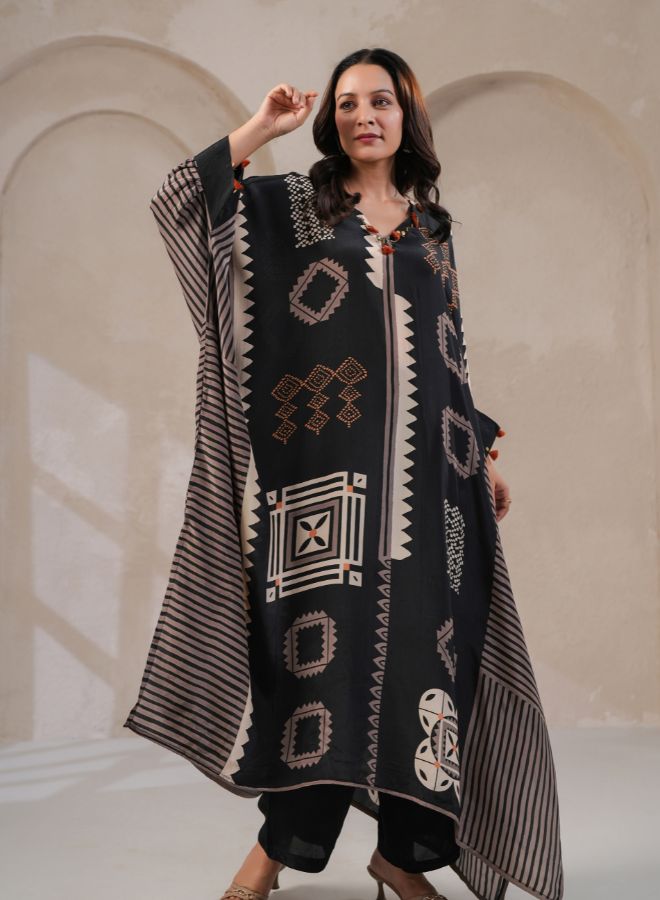 Black Geometric Print Kaftan Co-ord Set
