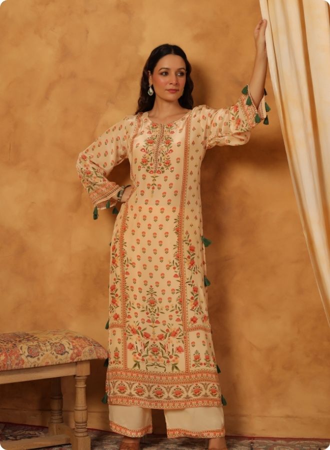 Beige Floral Printed Coord Set for Women