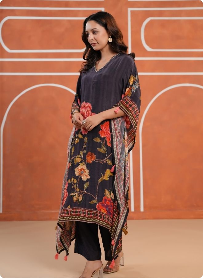 Black Floral Kaftan Set