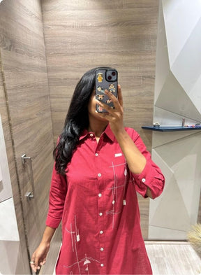 Stylish Red Kurta Set Mirror Selfie