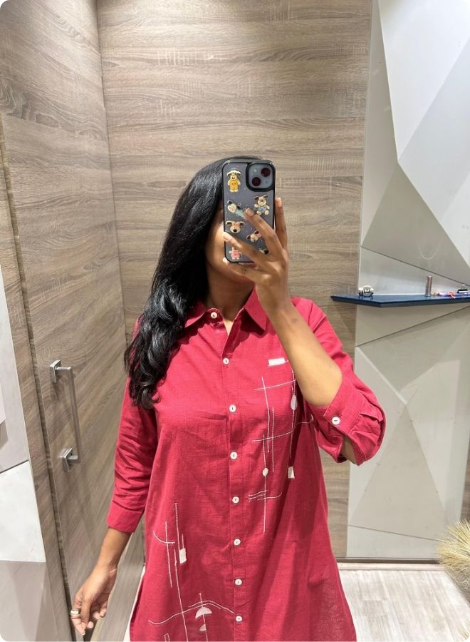 Stylish Red Kurta Set Mirror Selfie