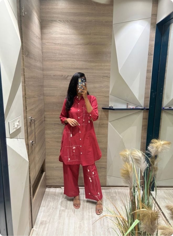 Stylish Red Kurta Set Mirror Selfie