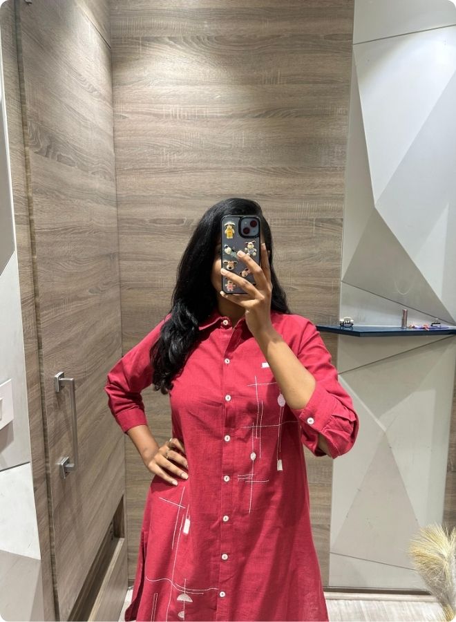 Stylish Red Kurta Set Mirror Selfie