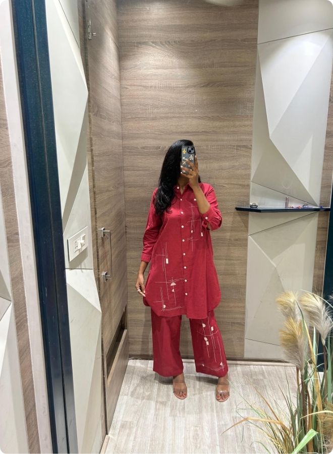 Stylish Red Kurta Set Mirror Selfie