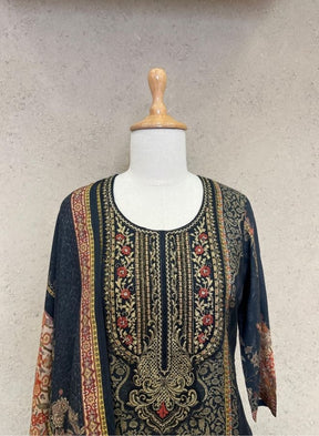 Black Ethnic Suit with Intricate Brocade-Style Print