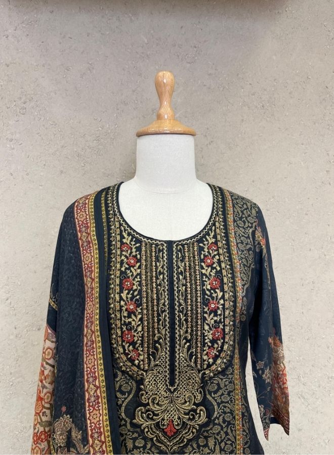 Black Ethnic Suit with Intricate Brocade-Style Print