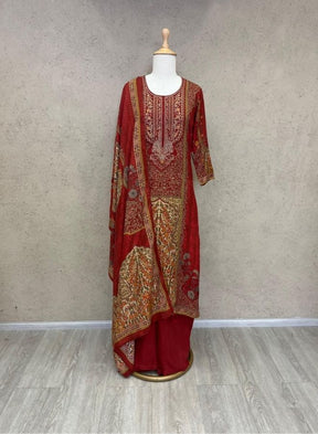 Deep Red Printed and Embroidered Kurta Suit