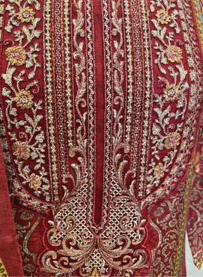 Deep Red Printed and Embroidered Kurta Suit