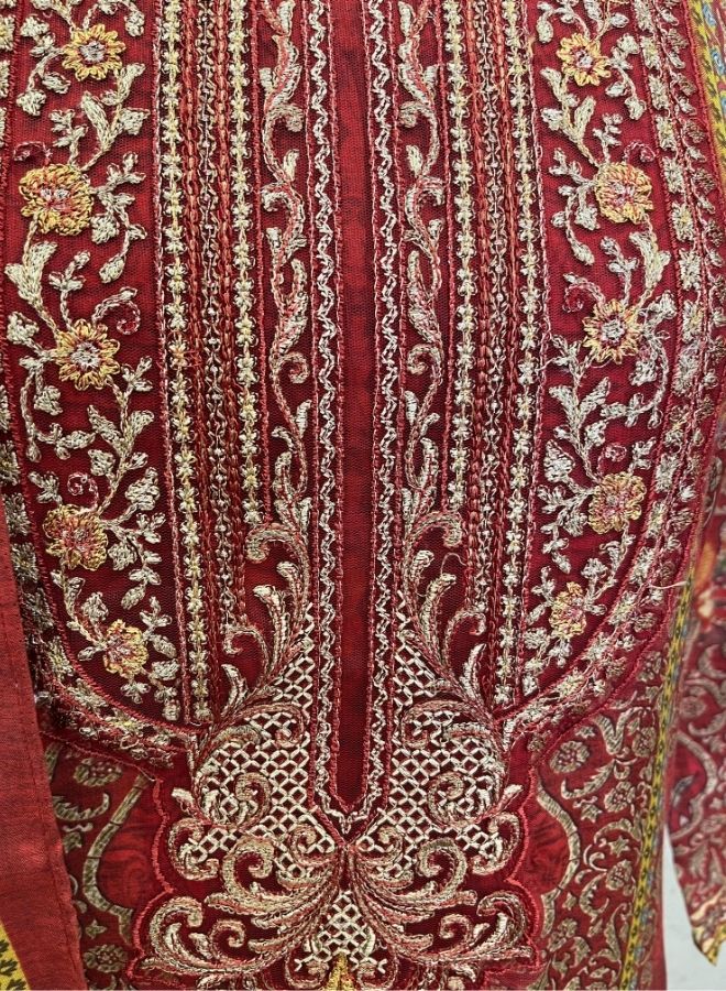 Deep Red Printed and Embroidered Kurta Suit
