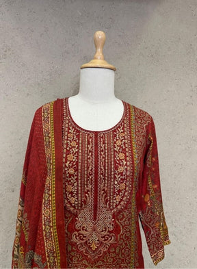 Deep Red Printed and Embroidered Kurta Suit