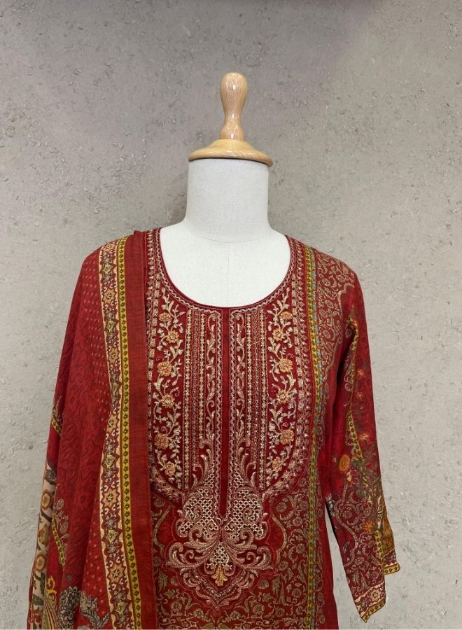 Deep Red Printed and Embroidered Kurta Suit