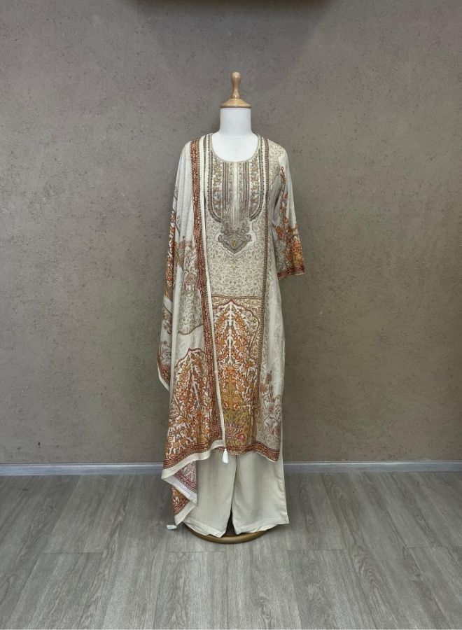 Ivory and Beige Printed Suit Set