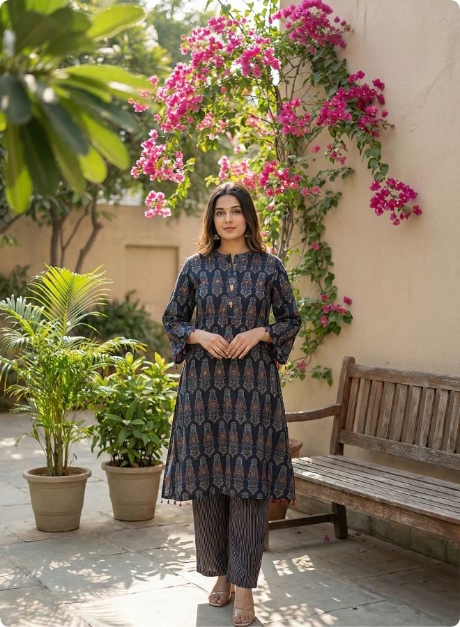 Black White Stripe Flared Kurta Set