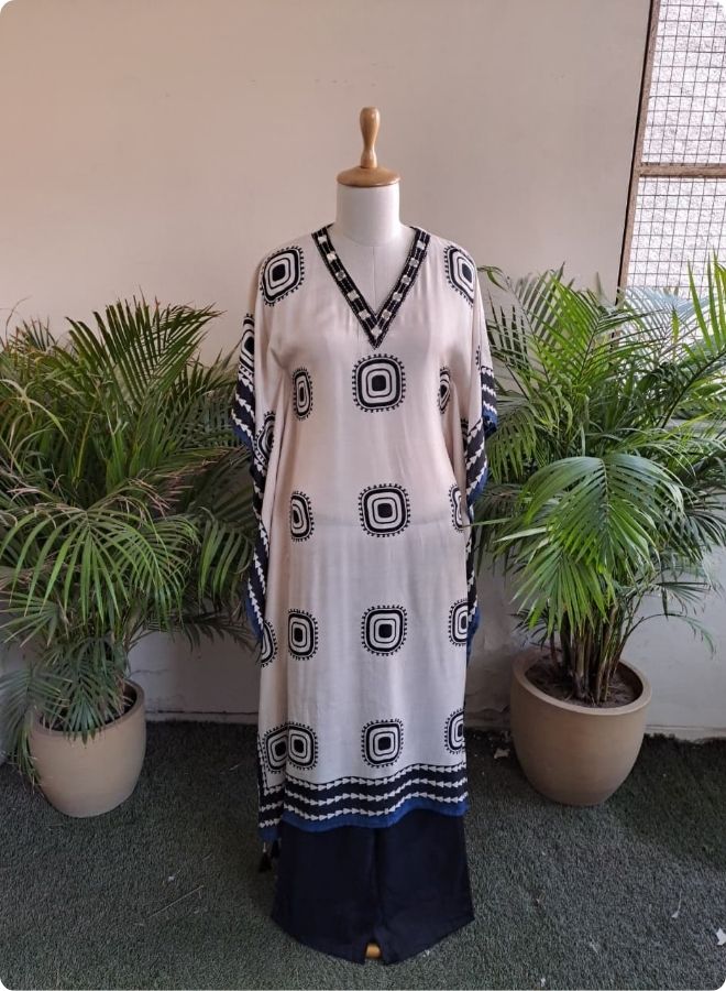 Off White Geometric Kaftan Kurta with Pants