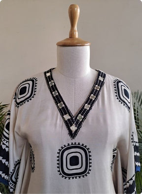 Off White Geometric Kaftan Kurta with Pants