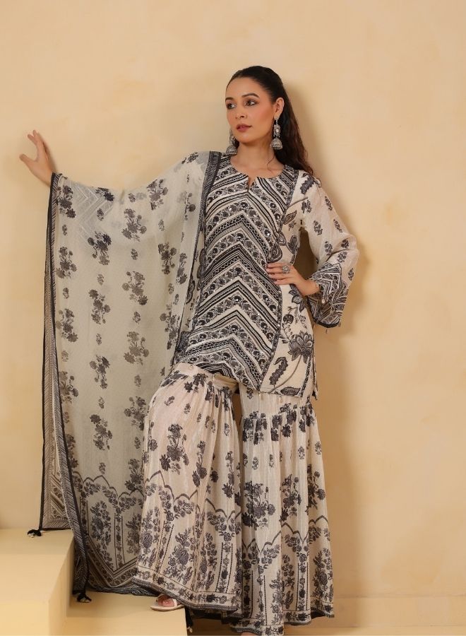 White & Black Printed Sharara Set