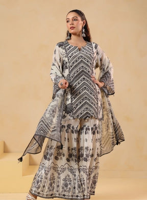 White & Black Printed Sharara Set