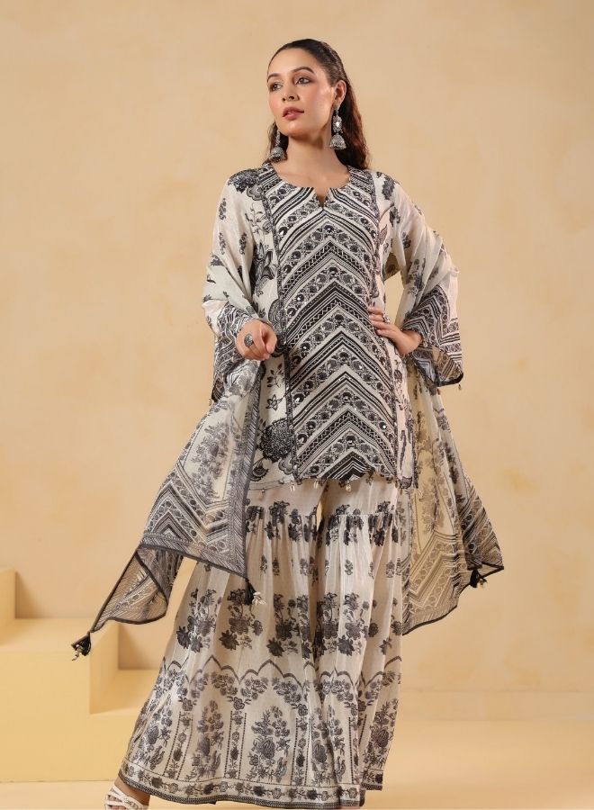 White & Black Printed Sharara Set