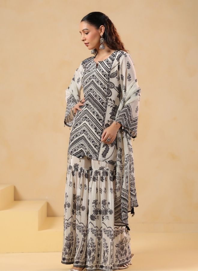 White & Black Printed Sharara Set