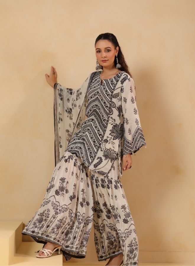 White & Black Printed Sharara Set