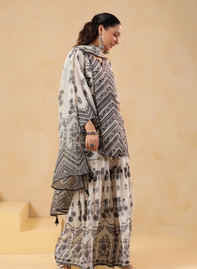 White & Black Printed Sharara Set
