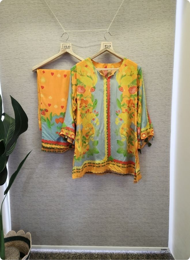 Blue Orange Floral Kurta Dupatta Set