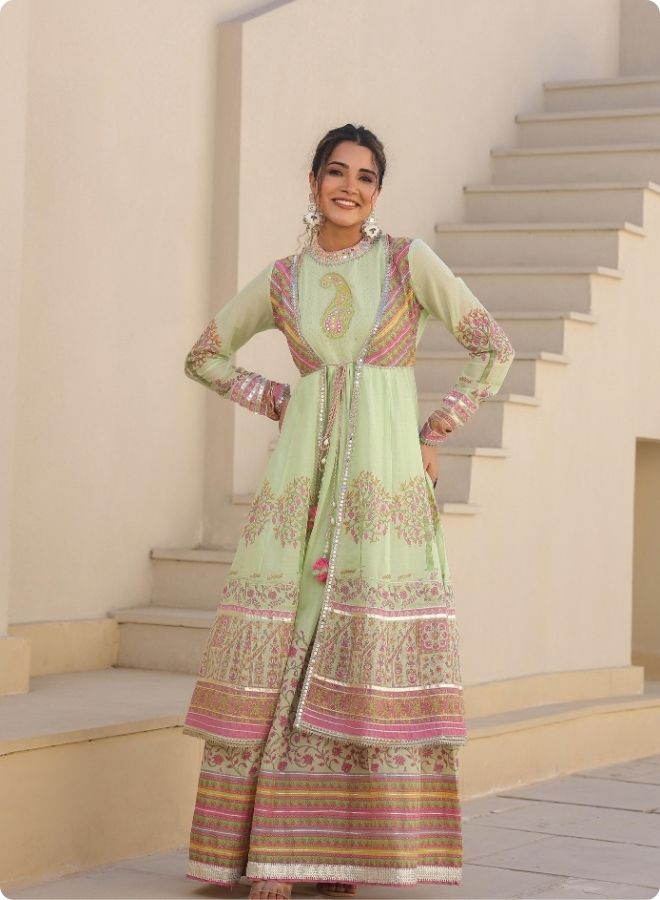 Green Floral Embroidered Anarkali Jacket Set