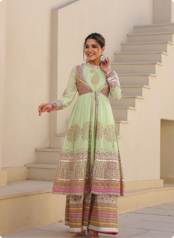 Green Floral Embroidered Anarkali Jacket Set