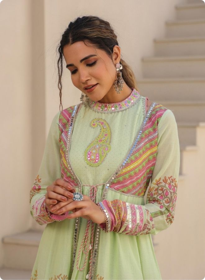 Green Floral Embroidered Anarkali Jacket Set