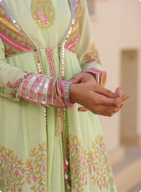 Green Floral Embroidered Anarkali Jacket Set