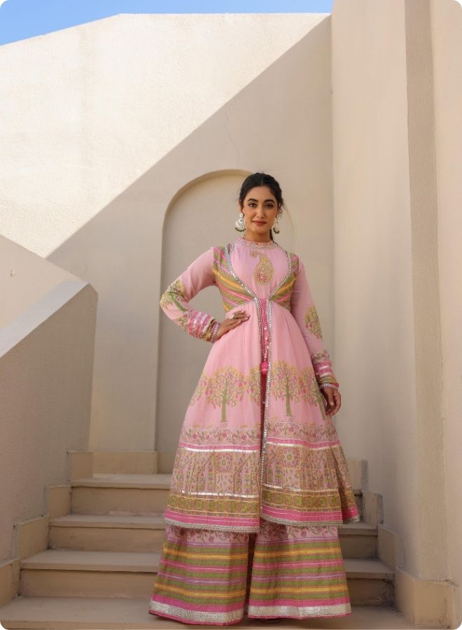 Pink Floral Embroidered Anarkali Jacket Set