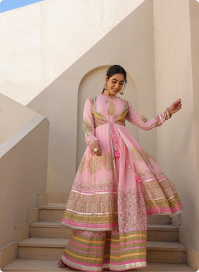 Pink Floral Embroidered Anarkali Jacket Set