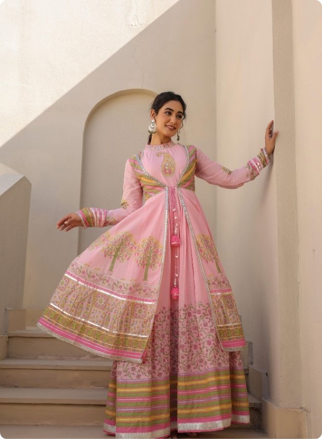 Pink Floral Embroidered Anarkali Jacket Set