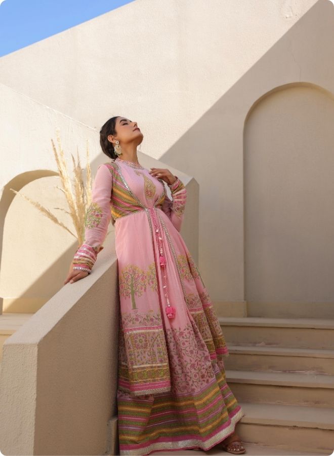 Pink Floral Embroidered Anarkali Jacket Set