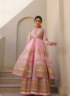 Pink Floral Embroidered Anarkali Jacket Set