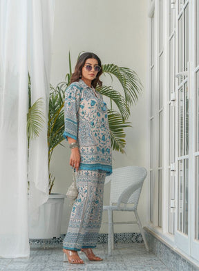 Sea Green Printed Co-ord Set with Kurta and Trousers