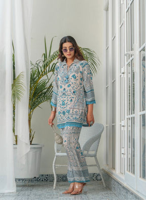 Sea Green Printed Co-ord Set with Kurta and Trousers