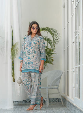 Sea Green Printed Co-ord Set with Kurta and Trousers