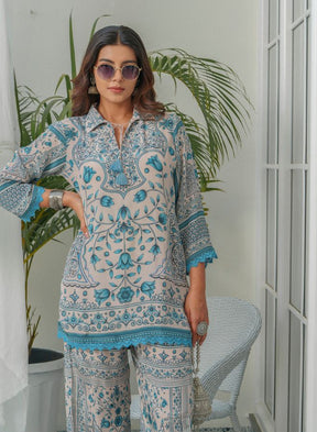 Sea Green Printed Co-ord Set with Kurta and Trousers