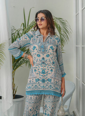 Sea Green Printed Co-ord Set with Kurta and Trousers