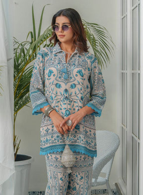 Sea Green Printed Co-ord Set with Kurta and Trousers