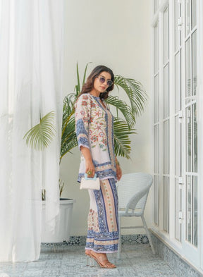 Elegant White & Blue Floral Co-Ord Set
