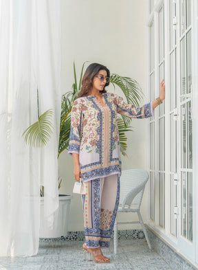 Elegant White & Blue Floral Co-Ord Set