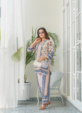 Elegant White & Blue Floral Co-Ord Set